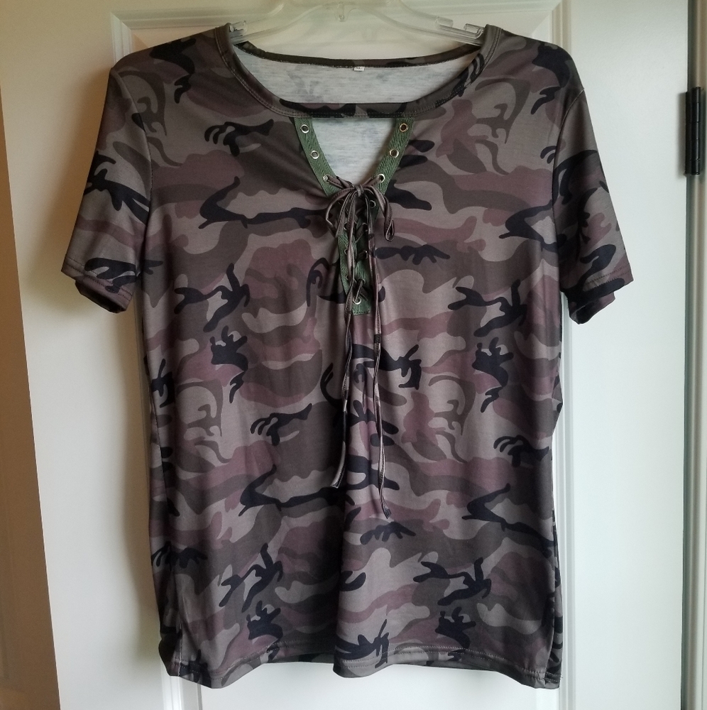 Camo Lace Up Top
